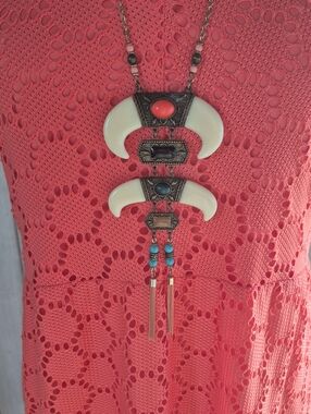 Boho Crescent Pendant Necklace with Coral and Turquoise Accents